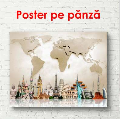 Poster - Obiective turistice din diferite țări pe hartă, 90 x 60 см, Poster înrămat, Orașe și Hărți