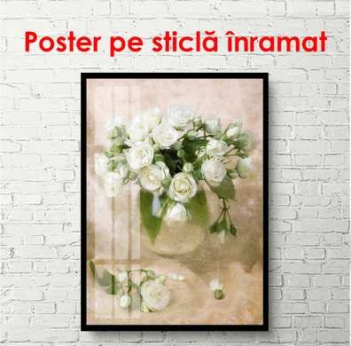 Постер - Белые розы в белой вазе, 60 x 90 см, Постер в раме, Натюрморт