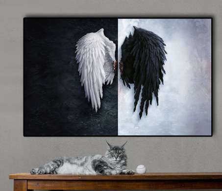 Постер - Крылья, 90 x 60 см, Постер на Стекле в раме, Черно Белые