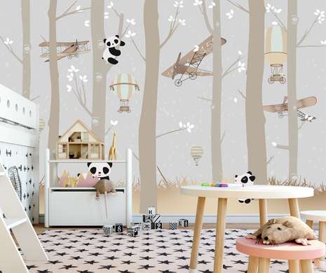 Wall mural for the nursery - Cute pandas in the forest on the background of retro airplanes