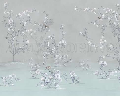 Wall mural - Trees with tender flowers and spring birds