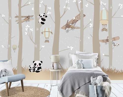 Wall mural for the nursery - Cute pandas in the forest on the background of retro airplanes