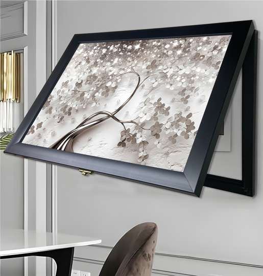 Multifunctional Wall Art - Silver Tree with flowers, 40x60cm, Black Frame