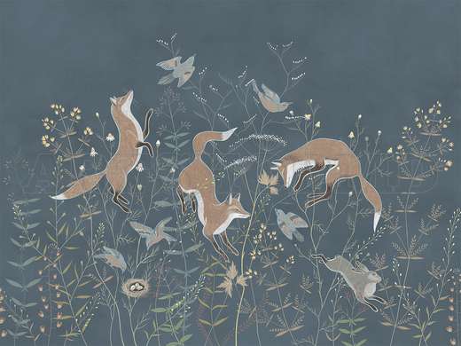 Wall mural - Foxes on a dark blue background