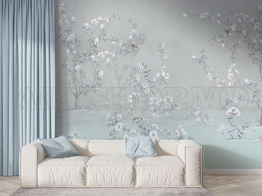 Wall mural - Trees with tender flowers and spring birds