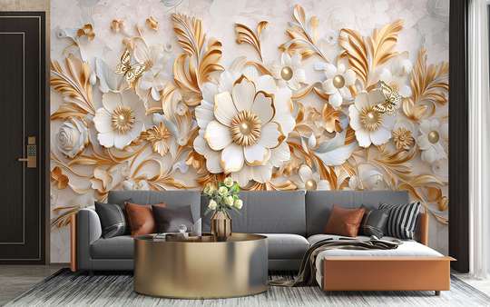 3D Photo Wallpaper- White flowers with golden 3D elements