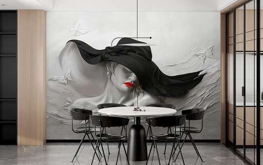 Fototapet 3D - Doamna cu palarie neagra si buze rosii, fundal gri cu fluturasi