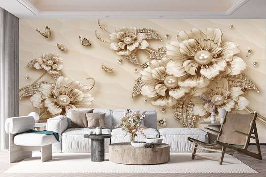 Wall mural - Large brooch flowers on a beige background