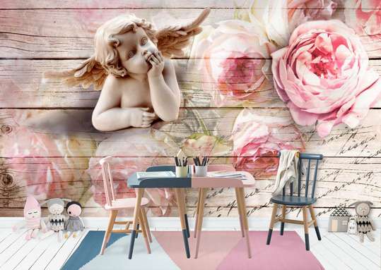 3D Wallpaper - Pink peonies and an angel on a three-dimensional background