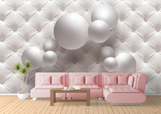 3D Wallpaper - White spheres on a white background with precious stones