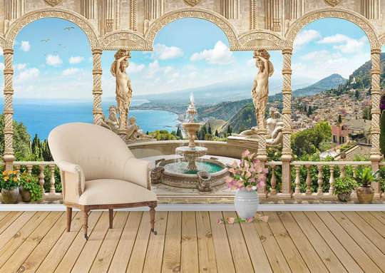 Фотообои - Красивый вид из балкона на озеро и голубое небо.