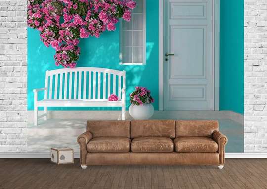 Wall Mural - Pink flowers and bench