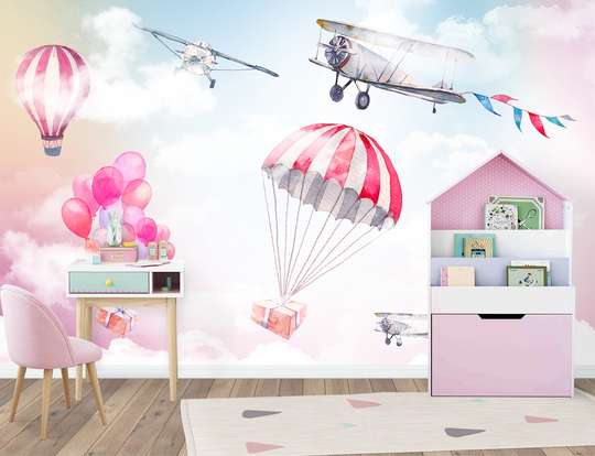 Nursery Wall Mural - Parachutes and aviation in a delicate pink sky