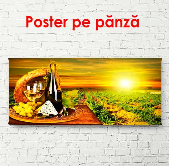 Постер - Вино с сыром на бочке на фоне заката, 90 x 45 см, Постер в раме
