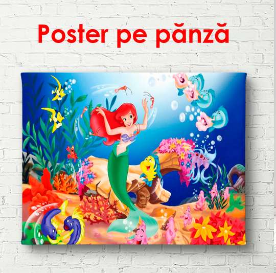 Постер - Русалочка с рыбками на дне океана, 90 x 60 см, Постер в раме