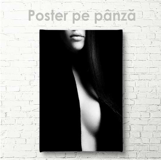 Постер - Черно белое изображение девушке, 60 x 90 см, Холст на подрамнике, Ню