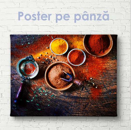 Poster - fragrant spices and wooden table, 45 x 30 см, Canvas on frame