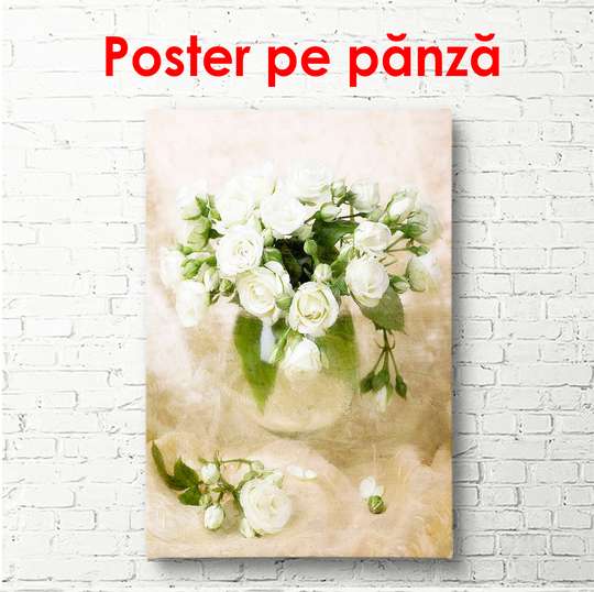 Poster - Trandafiri albi într-o vază albă, 60 x 90 см, Poster înrămat