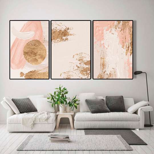 Poster - Nuanțe delicate de roz cu elemente aurii, 60 x 90 см, Poster inramat pe sticla, Seturi