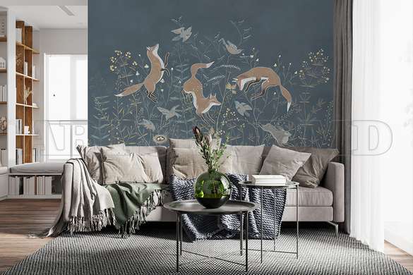 Wall mural - Foxes on a dark blue background