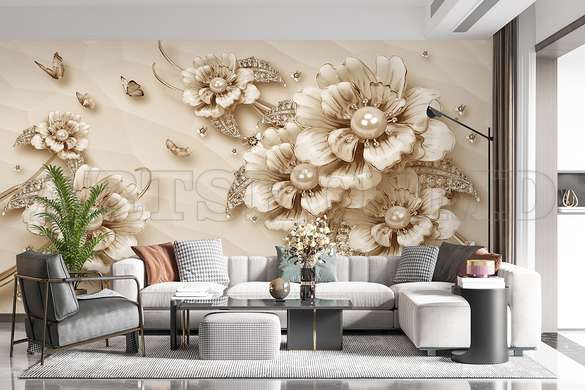 Wall mural - Large brooch flowers on a beige background