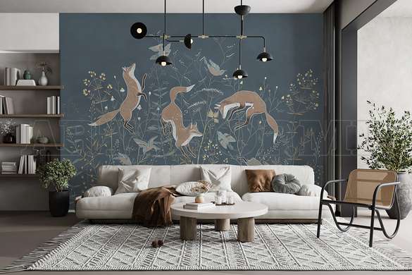 Wall mural - Foxes on a dark blue background