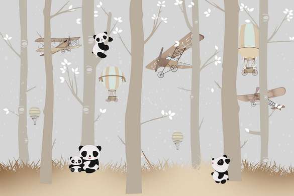 Фотообои - Милые панды в лесу на фоне ретро самолетах