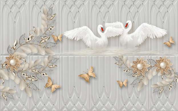 Fototapet - Lebede albe, brose aurii sub forma de flori si fluturi pe fond gri