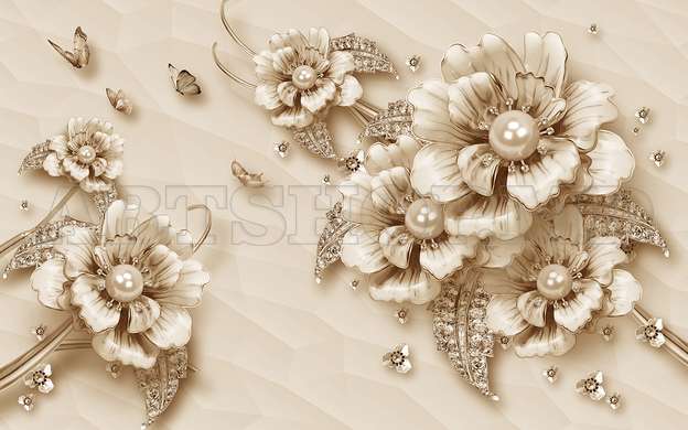 Wall mural - Large brooch flowers on a beige background