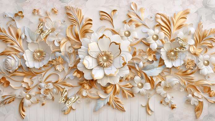 3D Photo Wallpaper- White flowers with golden 3D elements