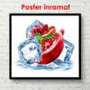 Постер - Красный гранат с кубиками льда на белом фоне, 100 x 100 см, Постер в раме, Еда и Напитки