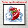 Poster - Rodie și cuburi de gheață pe un fundal alb, 100 x 100 см, Poster înrămat, Alimente și Băuturi