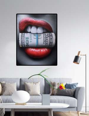 Poster - Red lips and dollars, 60 x 90 см, Framed poster on glass