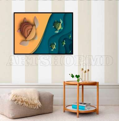 Poster - Turtles run into the ocean, 60 x 30 см, Canvas on frame, For Kids