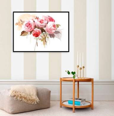 Постер - Букет из розовых цветов на белом фоне, 90 x 60 см, Постер в раме, Минимализм