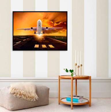 Постер - Самолет на фоне неба на закате, 90 x 60 см, Постер в раме, Транспорт
