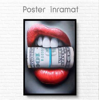 Poster - Red lips and dollars, 60 x 90 см, Framed poster on glass