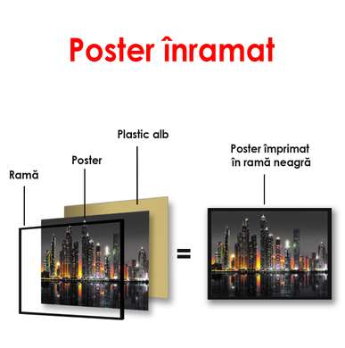 Poster - Priveliștea de noapte a Dubaiului, 90 x 60 см, Poster inramat pe sticla, Orașe și Hărți