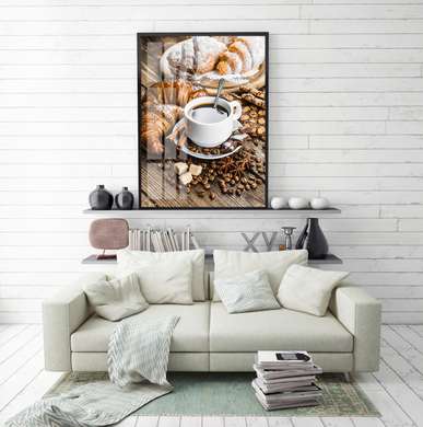 Poster - Breakfast with coffee and croissant, 60 x 90 см, Framed poster on glass, Food and Drinks