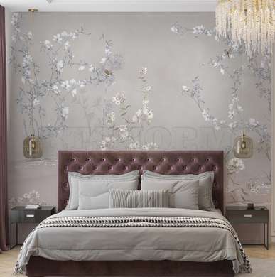 Wall mural - Trees with tender flowers and spring birds in shades of gray pink