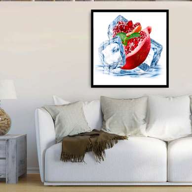 Poster - Red pomegranate with ice cubes on a white background, 100 x 100 см, Framed poster
