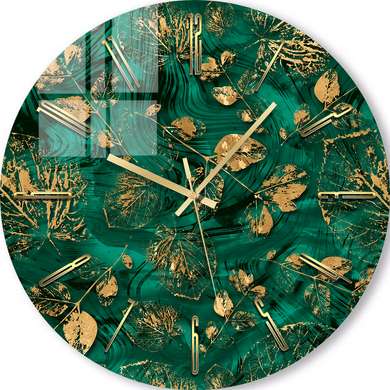 Glass clock - Golden leaves on a green background, 40cm