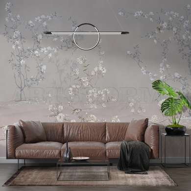 Wall mural - Trees with tender flowers and spring birds in shades of gray pink