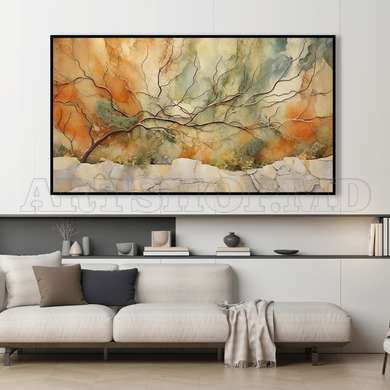 Poster - Abstraction in gray and gold colors, 90 x 45 см, 45 x 90 см, Framed poster on glass, Abstract