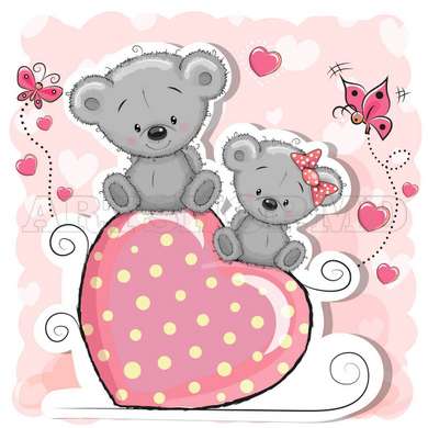 Poster - Doi koala gri pe o inimă roz, 100 x 100 см, Poster inramat pe sticla, Pentru Copii