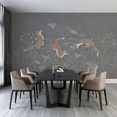 Wall mural - Foxes on gray background