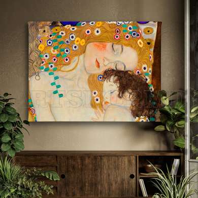 Poster - Gustav Klimt „Mama și fiica”, 90 x 60 см, Poster inramat pe sticla, Picturi