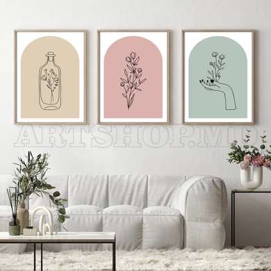 Poster - Plants in minimalist style, 60 x 90 см, Framed poster on glass, Sets