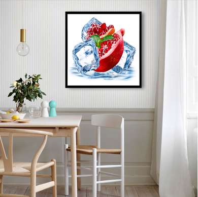 Poster - Red pomegranate with ice cubes on a white background, 100 x 100 см, Framed poster