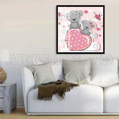 Poster - Doi koala gri pe o inimă roz, 100 x 100 см, Poster inramat pe sticla, Pentru Copii